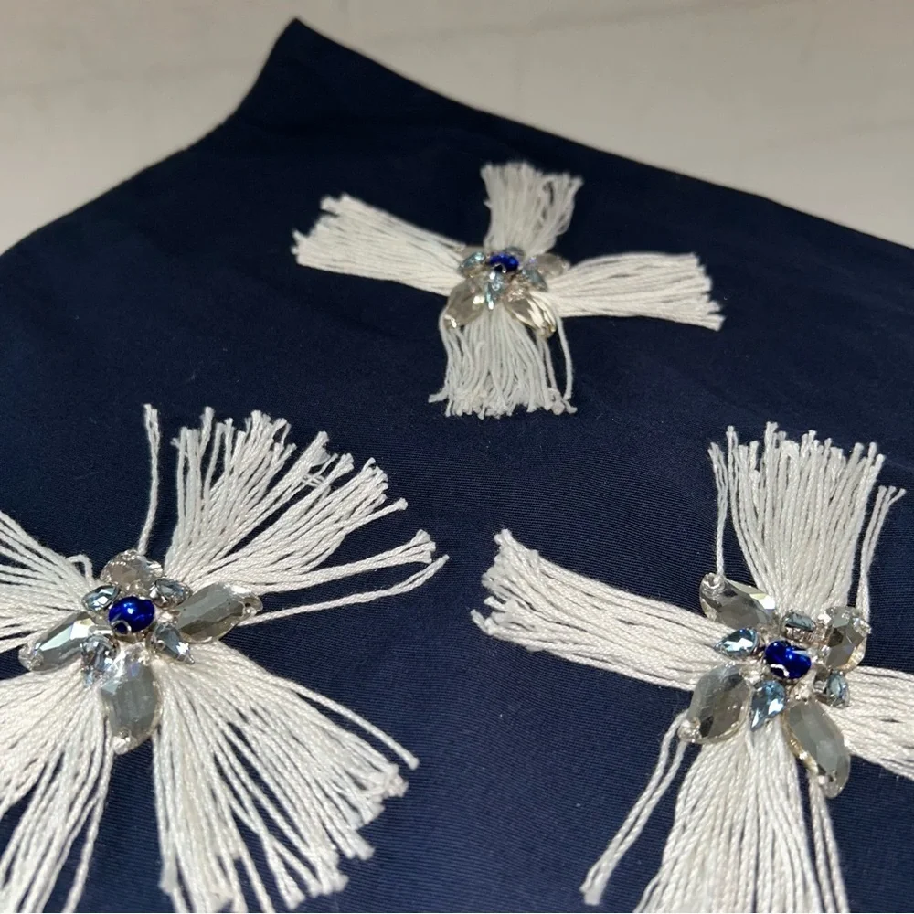 🍀3 for &25 Safavieh Throw Pillow Navy Blue White Tassel Star Crystal Beaded